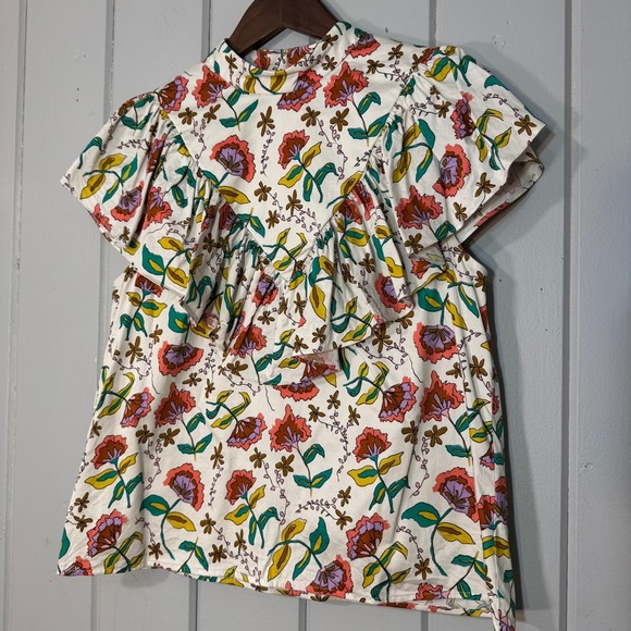 CROSBY BY MOLLIE BURCH Tops - CROSBY BY MOLLIE BURCH woodcut floral sleeveless ruffle front High Neck Top S